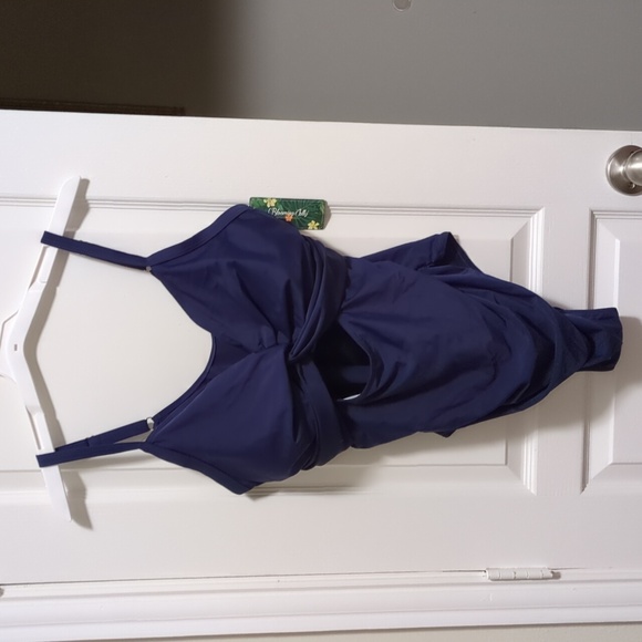 Dark Blue Tummy Control Swimsuit With Cut Out And Ruched Sides - Picture 4 of 7